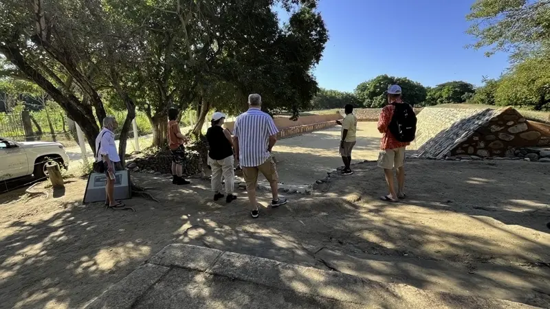 Restored ancient ball court at La Chole